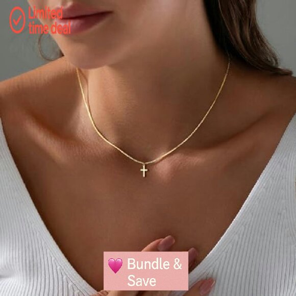 Dainty 14K Gold Plated Cross Pendant Necklace 18"+2.5" Extender - Picture 4 of 8